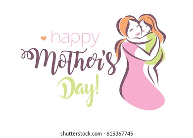 happy mothers day greeting card template, stylized symbol of mom and baby