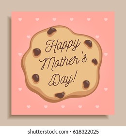 Happy Mother's Day greeting card with celebration message written on chocolate chips cookie. Fresh baked yummy concept. Vector illustration isolated on heart pattern pink background. 