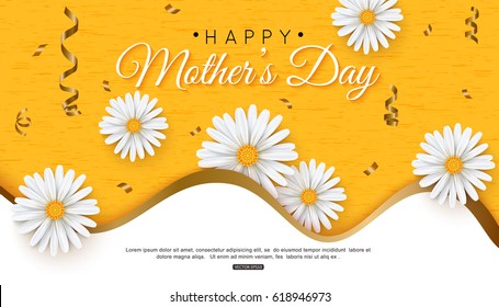 Happy Mothers day greeting card with typographic design and chamomile flowers. Vector illustration for banner, poster