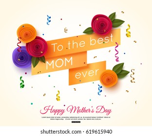 Happy Mothers day greeting card with paper flowers cut style. Vector illustration