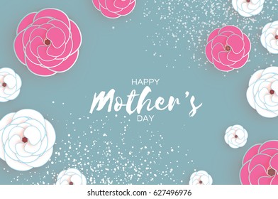 Happy Mother's Day Greeting card. White Pink Paper cut Flower. Space for text.