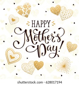 Happy Mothers Day greeting card. Romantic hearts with calligraphic phrase on white background. 