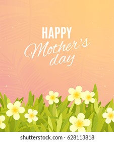 Happy Mothers Day greeting card. Grass with white flowers. Floral nature background.Vector illustration.