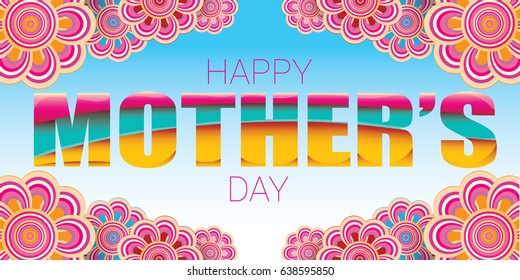 Happy Mothers day greeting card with typographic design and flowers on blue sky background. Horizontal greeting banner for moms