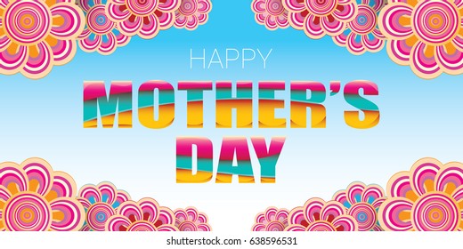 Happy Mothers day greeting card with typographic design and flowers on blue sky background. Horizontal greeting banner for moms