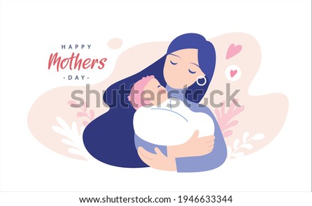 Happy Mother's Day greeting card. Vector illustration of a mother holding baby son in arms.