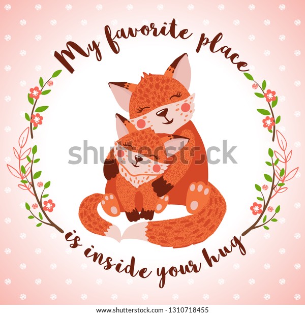 手描きのかわいい狐を持つ お母さんの日の幸せなグリーティングカード 森の動物の枠 赤ちゃんとお母さん 保育園のコンセプト ベクターイラスト のベクター画像素材 ロイヤリティフリー