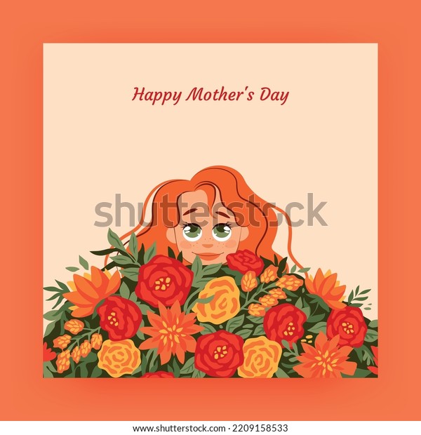 Happy\
Mother\'s Day. Greeting card. Orange hair woman with flowers\
bouquet. Smiling mom face. Child care. Love for kid son. Motherhood\
holiday. Blooming blossoms. Vector cartoon\
poster