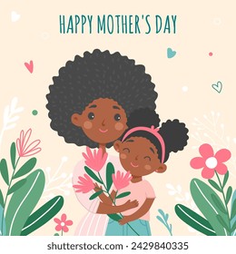 Happy mother's day greeting card.Cute African American mom and daughter with flowers.