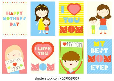Happy Mother's day greeting cards set. Collection of banner, background, flyer, placard with cute mom, girl and boy. Vector template sticker for Mother's day greeting, decoration, congratulation. EPS