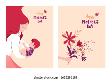 Happy Mother`s Day Greeting Cards. Vector Illustration Of Mother Holding Baby Son In Arms. 