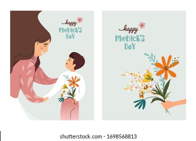 Happy Mother`s Day Greeting Cards. Vector Illustration Of Happy Mother  Receiving Flowers from Her Son.  