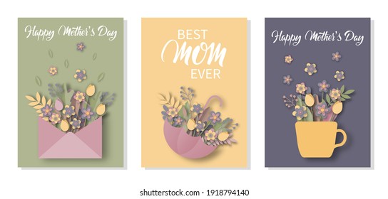 Happy Mothers Day greeting cards Set. Hand written quote. Colorful 3d Paper art with spring flowers. Origami holiday background for Women's Day. Vector illustration paper cut and craft style.