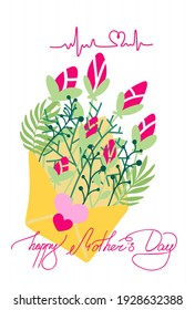 Happy Mother's Day greeting cards with flowers. Vector illustration. Cute cards and posters for the spring holiday with bouquet of flowers. Hand drawn mother holiday text doodle on isolated white bg
