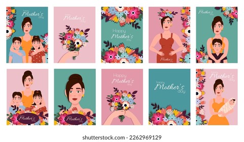 Happy Mother's Day. Mothers Day greeting cards set with text. Mom holiday postcards designs, backgrounds with spring flower bouquet, cute children, kids.