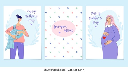 
Happy Mother's Day greeting cards design with quotes. Woman hugs baby, pregnancy, flowers and hearts. Hand drawn vector illustrations.
