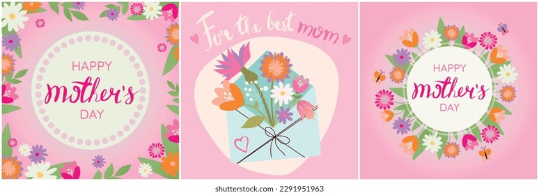 Happy Mother's day. Greeting cards set with beautiful flowers and hearts on pink background. Banner or poster design template for mom's holiday