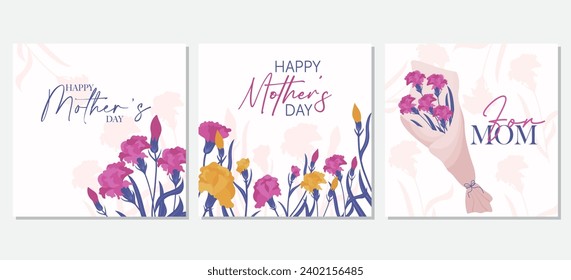 Happy Mothers Day greeting cards. The set is great for social media posts, cards, brochures, flyers, and advertising poster templates. Vector illustra