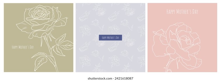 Happy Mother's Day greeting cards with beautiful flowers. One line drawing of a rose and a bud on a background of pastel colors. Minimalistic one line illustration for banner, postcard