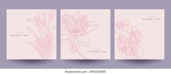 Happy Mother's Day greeting cards set with flowers and hearts. Continuous line art illustrations. 