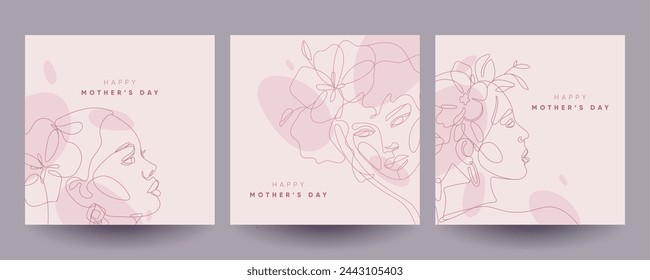 Tarjetas de felicitación del día de la madre feliz fijadas con flores y formas redondas. Ilustraciones continuas de arte lineal. 