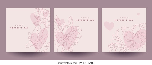 Happy Mother's Day greeting cards set with flowers and hearts. Continuous line art illustrations. 