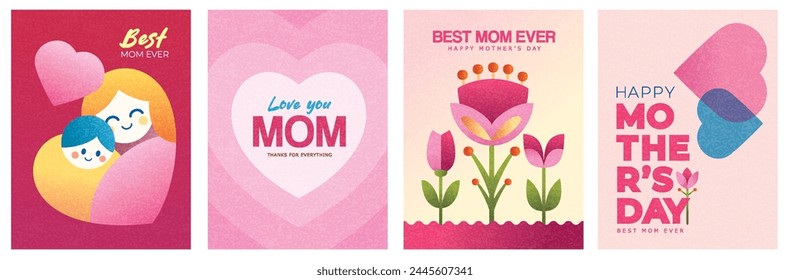 Happy Mother's Day greeting cards with beautiful blossom flowers in flat geometric style. Vector background for banner, poster