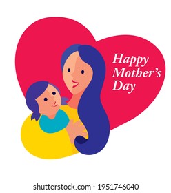 Happy Mother's Day Greeting. A happiness Mother hugging daughter in arm on LOVE shape background. - flat art illustration