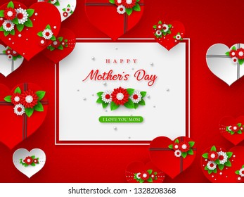 Happy Mothers day greeting holiday design. Paper craft style 3d hearts decorated flowers with frame on white spotted background. Vector illustration.