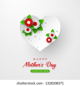 Happy Mothers day greeting holiday design. Paper craft style 3d hearts decorated flowers on white spotted background. Vector illustration.