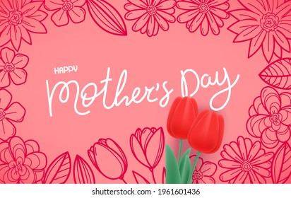 Happy mothers day greeting horizontal card with beautiful tulips