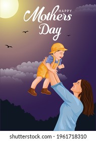 Happy mother's day greeting. Loving Mother rising his son up and makes him smile. Family holiday and togetherness. vector illustration design.