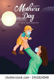 Happy mother's day greeting. Loving Mother rising his son up and makes him smile. Family holiday and togetherness. vector illustration design. covid 19, corona virus concept