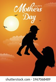 Happy mother's day greeting. Loving Mother rising his son up and makes him smile. Family holiday and togetherness. vector illustration design.