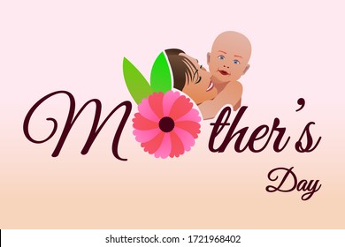Happy Mother's Day Greeting. Mother with her child in her arms smiling. Beautiful banner social media post for websites and for print media.