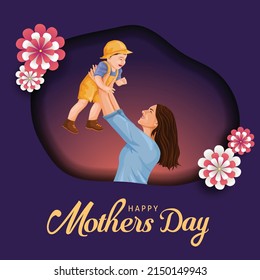 Happy mother's day greeting. Mother and son hugging. Family holiday and togetherness. vector illustration design