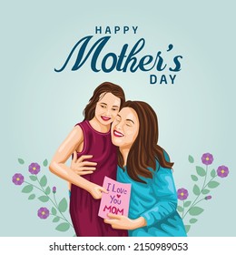 Happy mother's day greeting. Mother and daughter hugging. Family holiday and togetherness. vector illustration design	