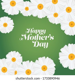 Happy Mother's Day greeting on green background surrounded by stylized daisies.