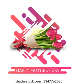 Happy mother's day, greeting pink card with beautiful lettering, liquid shapes and bouquet of tulips