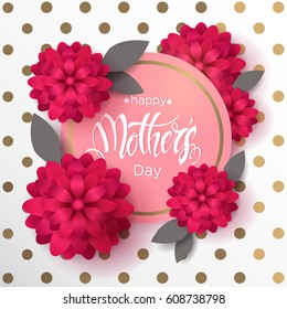 Happy Mother's Day greeting poster. Vintage background with golden dots and realistic flowers. Hand made trendy lettering