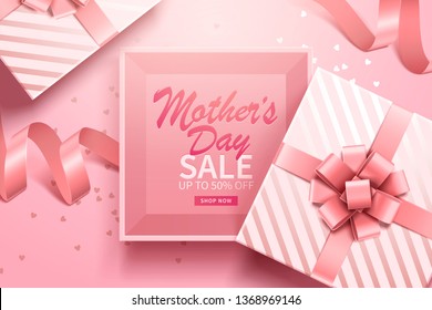 Happy Mother's Day Greeting Sale Banner With Pink Gift Box And Ribbons. Vector.