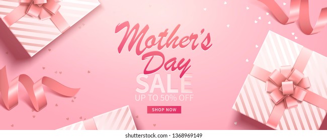 Happy Mother's Day Greeting Sale Banner With Pink Gift Box And Ribbons. Vector.