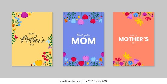 Happy Mother's Day greeting set with colorful flowers. Mother's Day illustration template, greeting card, poster. Vector