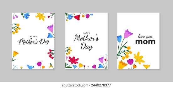 Feliz día de la madre conjunto de felicitación con flores de colores. Plantilla de ilustración del Día de la Madre, tarjeta de felicitación, póster. Vector