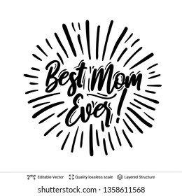 Happy Mother's Day greeting text black on white. Hand writing lettering. Easy to edit vector design element.