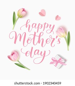 Happy Mother's Day greeting text with tulips and gift box. Vector illustration	