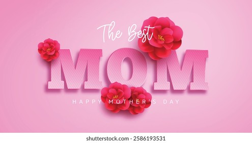 Happy mother's day greeting vector design. The best mom text with rose and camellia flower elements for women's day celebration background. Vector Illustration.
