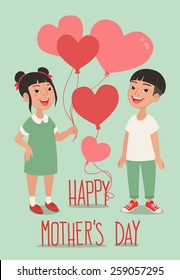 Happy Mother's Day greetings card. Happy asian boy and girl holding bunch of heart shaped balloons. 