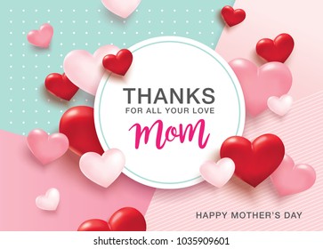 Happy Mother's Day greetings design with 3D hearts background and text space