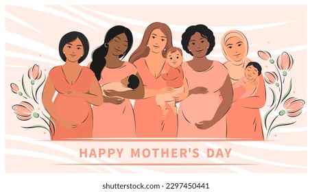 Happy mother's day. Group of pregnant women and women with children. Vector illustration